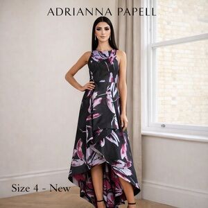 Adrianna Papell Floral High Low Dress Size 4 Black Pink Formal Evening Gown